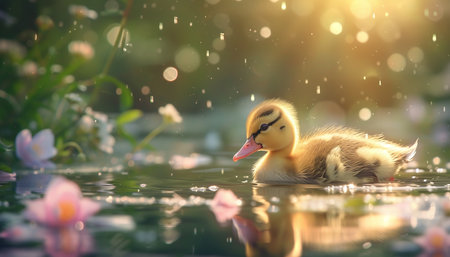 Cute ducklings swimming in the water with beautiful bokeh backgroundの素材