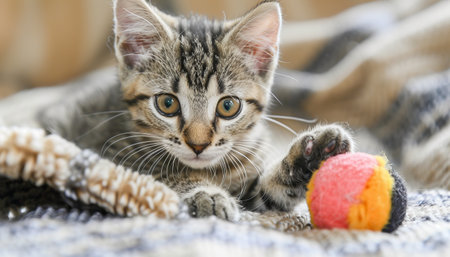 Cute tabby kitten playing with toy ball on plaid.の素材