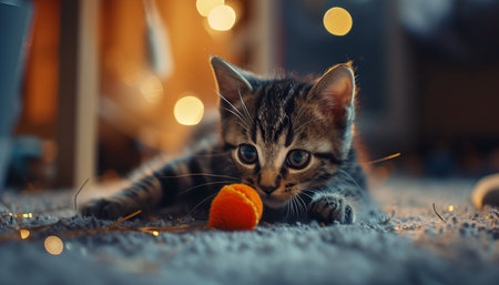 Cute tabby kitten playing with tangerine on christmas backgroundの素材