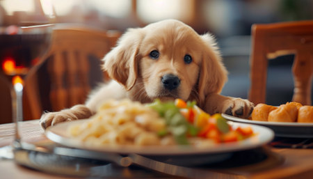 Cute Golden Retriever Puppy with Plate of Pastaの素材