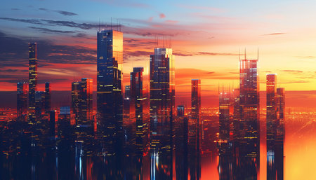 Cityscape with skyscrapers at sunset, 3d render.の素材