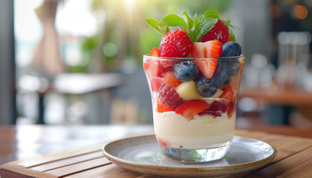 yogurt with fresh fruit in a glass on wooden table.の素材