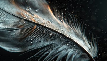 feather of a bird with water drops on a black background. macroの素材