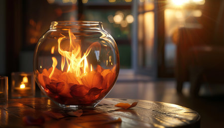 Burning petals in glass jar on table in room, closeupの素材