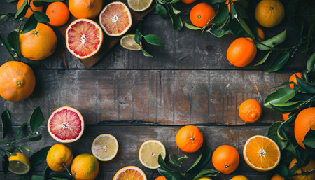 Variety of citrus fruit including lemons, lines, grapefruits and oranges with green leaves on rustic wooden backgroundの素材