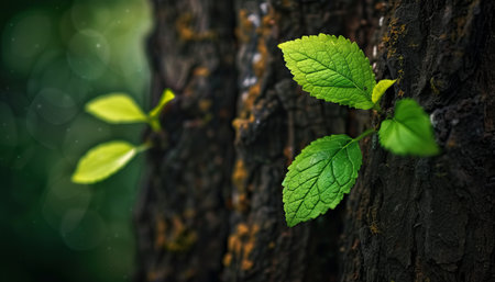 Green leaves on tree bark with bokeh effect, nature backgroundの素材