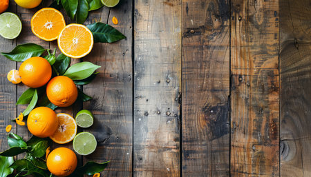 Citrus background. Oranges, lemons and oranges on rustic wooden tableの素材