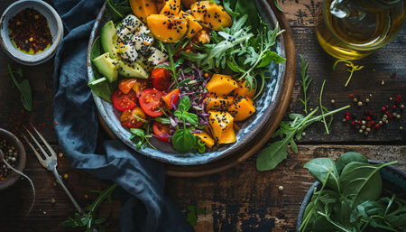 Healthy salad with mango, avocado and arugula on rustic wooden tableの素材