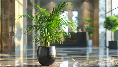 Beautiful tropical palm tree in pot on floor indoors. Home decorの素材