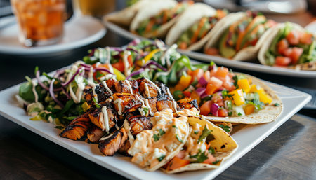 tacos with chicken and vegetables on a plate in a restaurantの素材