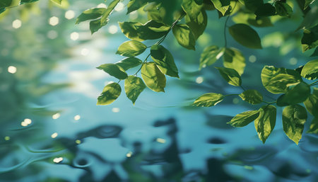 Green leaves reflected in water with bokeh. Nature background.の素材