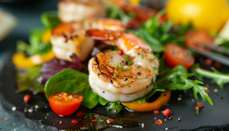 Salad with grilled shrimps, arugula and cherry tomatoesの素材