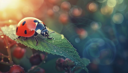 ladybug on green leaf with bokeh background, nature conceptの素材