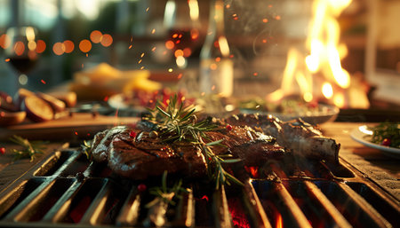 Grilled meat with rosemary and lemon on barbecue grill, closeupの素材