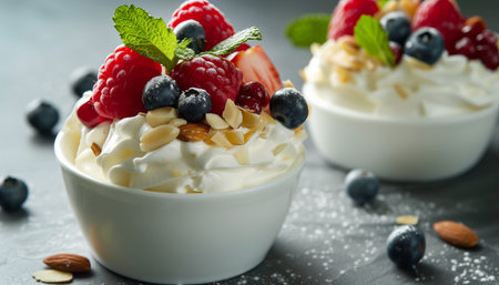 Vanilla yogurt with fresh berries on grey table, closeup viewの素材