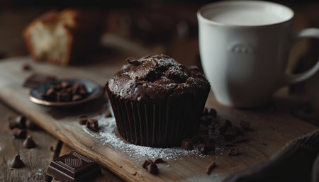 Chocolate muffin with coffee cup on wooden background, selective focusの素材