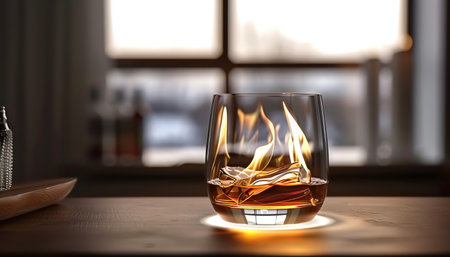Glass of whiskey with ice on wooden table in room, closeupの素材