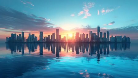 Cityscape at sunset with reflection in the water, 3d renderの素材