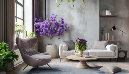 Interior of modern living room with armchair and sofa 3D renderingの素材
