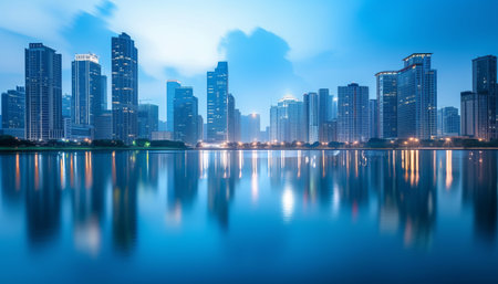 Cityscape of modern city with reflection in the lake at night.の素材