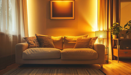 Interior of living room with sofa and pillows, 3d renderの素材