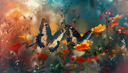 Butterfly in the meadow with wildflowers. Floral backgroundの素材