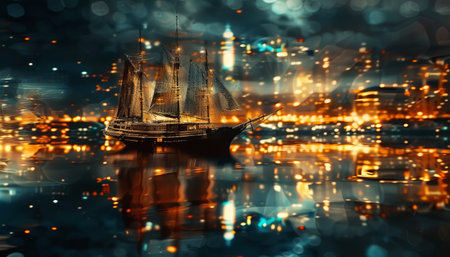 Sailing ship in the city at night. 3D illustration.の素材
