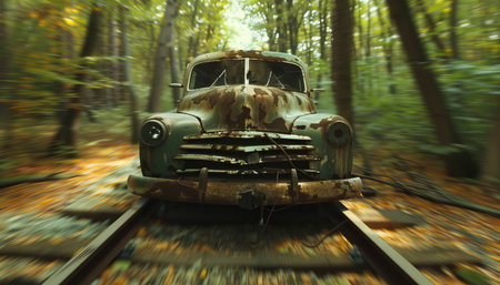 Abandoned old car in the forest. Retro style photo.の素材
