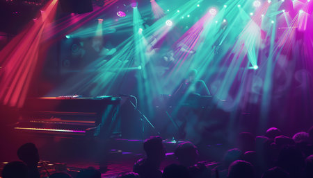 Concert crowd in front of a bright stage lights during a live concertの素材