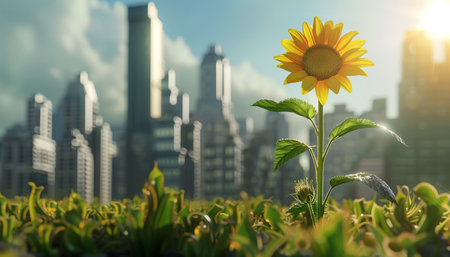 Sunflower and skyscrapers in the city. The concept of environmental protection.の素材