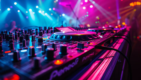 Dj mixer with colorful bokeh on stage background, closeupの素材