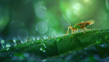Grasshopper on green leaf with dew drops, macroの素材