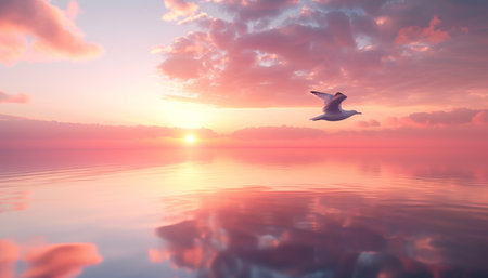 Seagull flying over the sea at sunset, 3d renderの素材