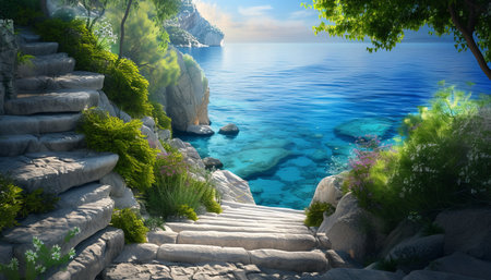 Staircase leading to a beautiful blue sea. 3D renderingの素材