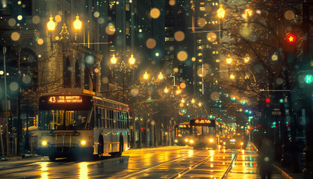 Tram on the street in Paris at Paris at nightChristmas and New Year concept.の素材
