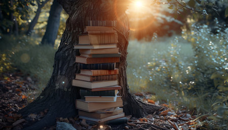 A stack of books on a tree trunk in the autumn forest.の素材