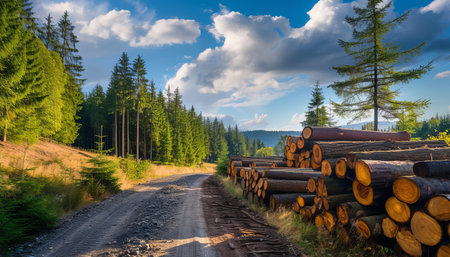Pile of sawn trees on the road in the Carpathian mountainsの素材