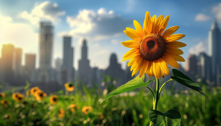 Sunflower in the field with cityscape background, Sunflower blooming in the morning.の素材