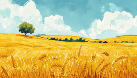 Rural landscape with wheat field and blue sky. Vector illustration.の素材