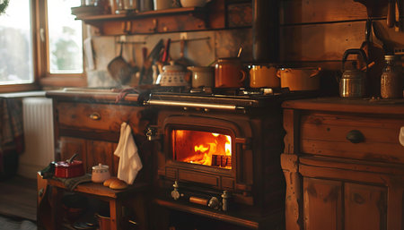 Fireplace in the kitchen of an old country house. Vintage styleの素材
