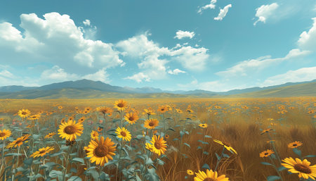 3D render of a field of sunflowers and blue skyの素材