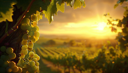 Ripe grapes on vineyards at sunset in Chianti region, Tuscany, Italyの素材