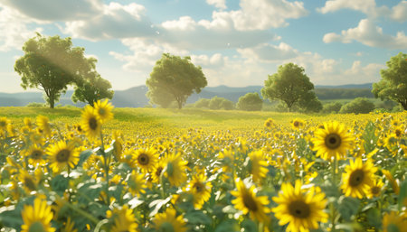 Sunflower field with trees and clouds in the background. Summer landscape.の素材