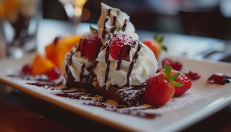 Chocolate cake with strawberries and whipped cream. Selective focus.の素材