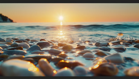 Beautiful seascape at sunset. Seashore with pebbles.の素材
