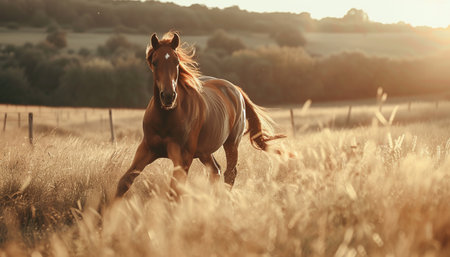 Beautiful bay horse running on the meadow in the sunset lightの素材