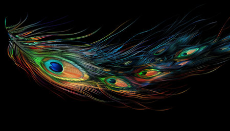 Colorful peacock feathers isolated on black background. Vector illustration.の素材