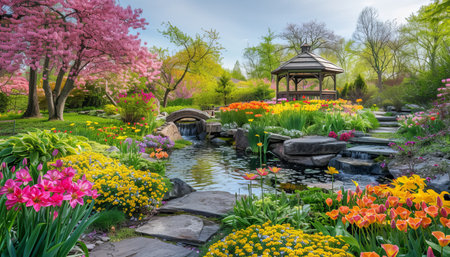 Beautiful spring garden with blooming colorful flowers and gazeboの素材