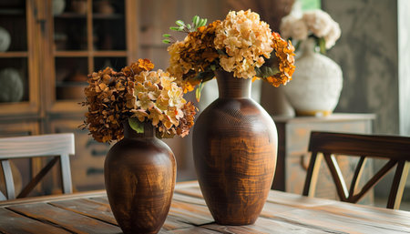 Vase with hydrangea flowers on the wooden table.の素材