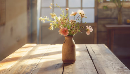 Vase of flowers on wooden table in coffee shop, vintage toneの素材